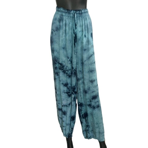 🆕💕Comfortable Stylish Hand Tie-dyed Wide Leg Rayon Challis Pants in Turquoise - Picture 1 of 2